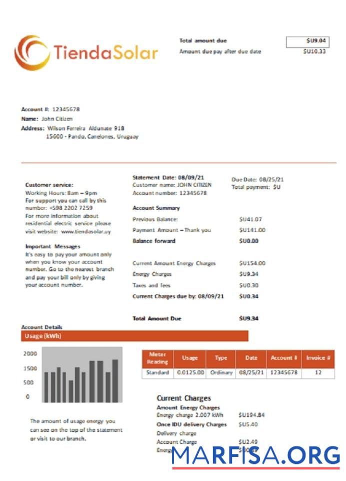 Realistic Uruguay TiendaSolar utility bill template in Word and PDF format